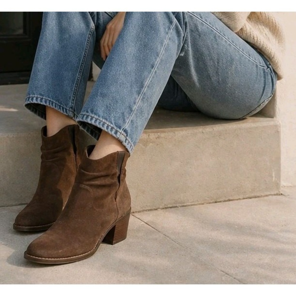 Cole Haan Alayna Suede Ankle Booties Women's 7.5 Brown Slouch Western Block Heel